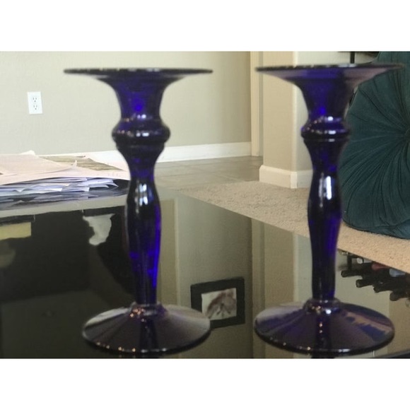 Late 20th Century Original Bristol Blue Glass Candlestick pair w/ box mint - Picture 6 of 11